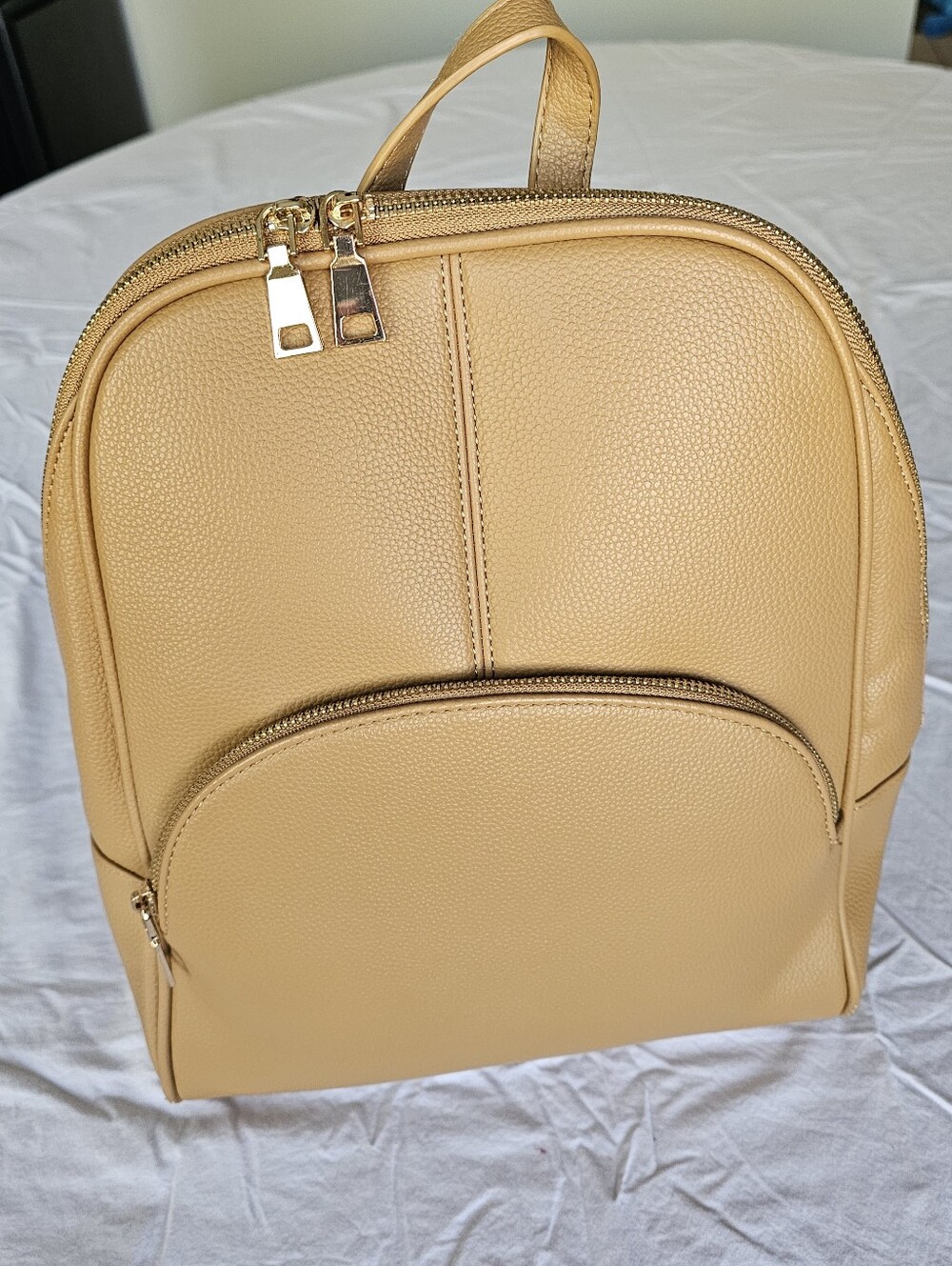 Classic Tan Faux Leather Backpack - Minimalist Women's Bag